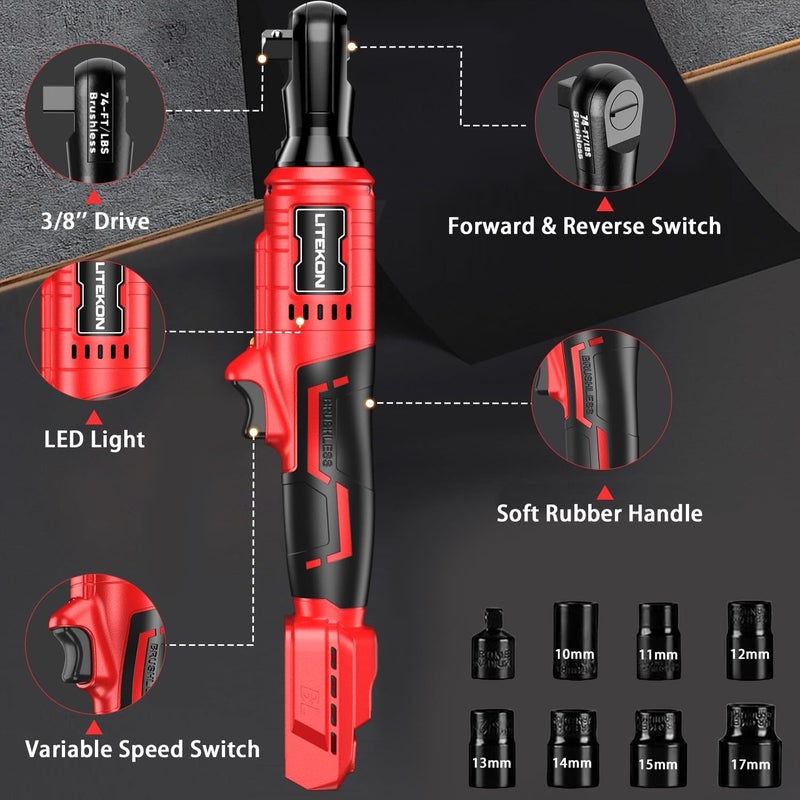 LITEKON Cordless Ratchet Wrench Set Compatible with Mil-Waukee 20V Max Battery (No Battery) - 74Ft-lbs 650 RPM High Power 3/8-inch Brushless Electric Power Ratchet Wrench Tool with LED Light - Image 3